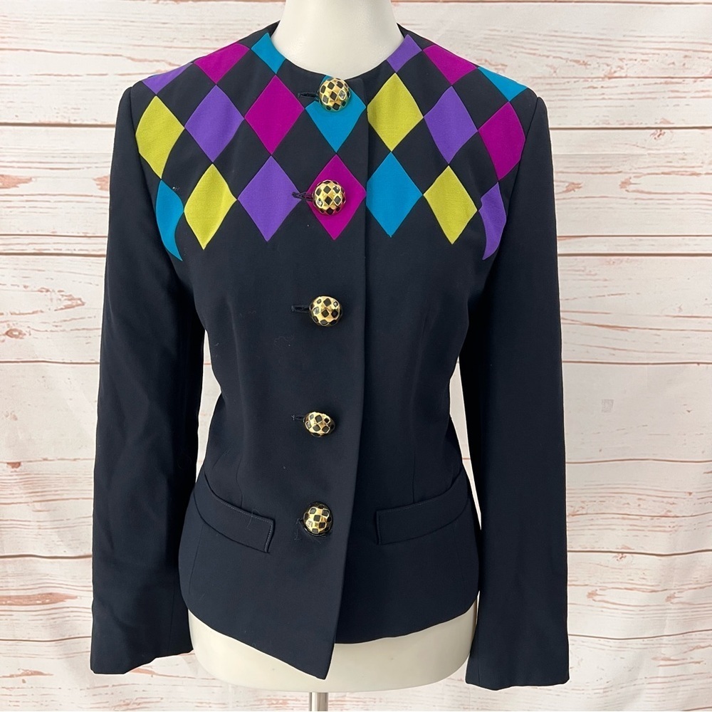 Vintage Louis Feraud Paris Harlequin Colorful Diamond Argyle Blazer Jacket